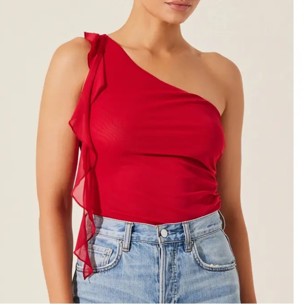 ASTR The Label Ruffle One-shoulder Mesh Top In Red - Size XS - Picture 2 of 6